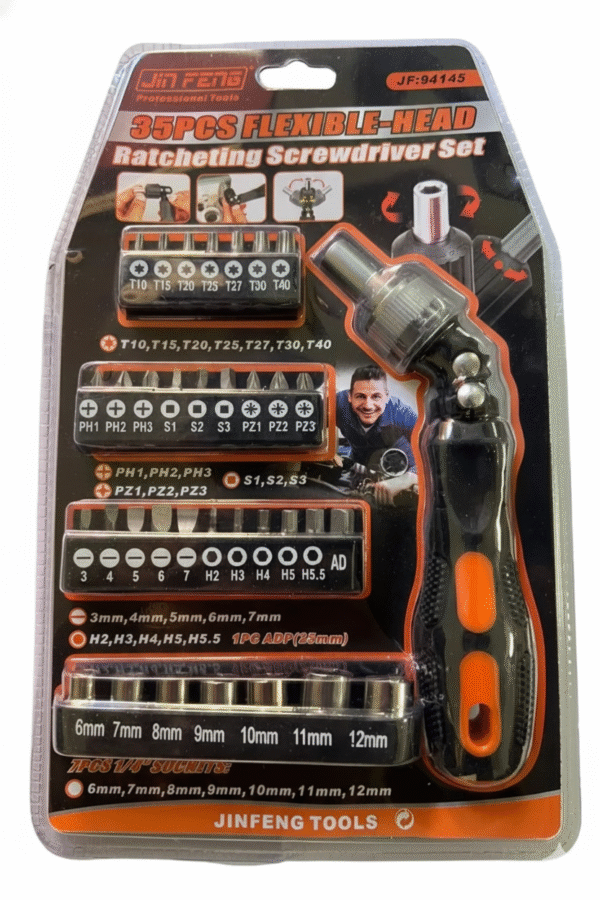 35PC Pro Flex-Head Ratcheting Screwdriver & Multi-Bit Socket Set | Adjustable Angle Wrench Tool Kit for Tight Spaces | JINFENG T10-T40, PH, PZ, Hex