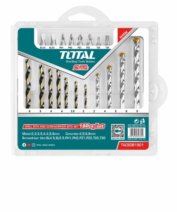 Total 19pcs Drill Bits and Screwdriver Set – Model TACSDB1901