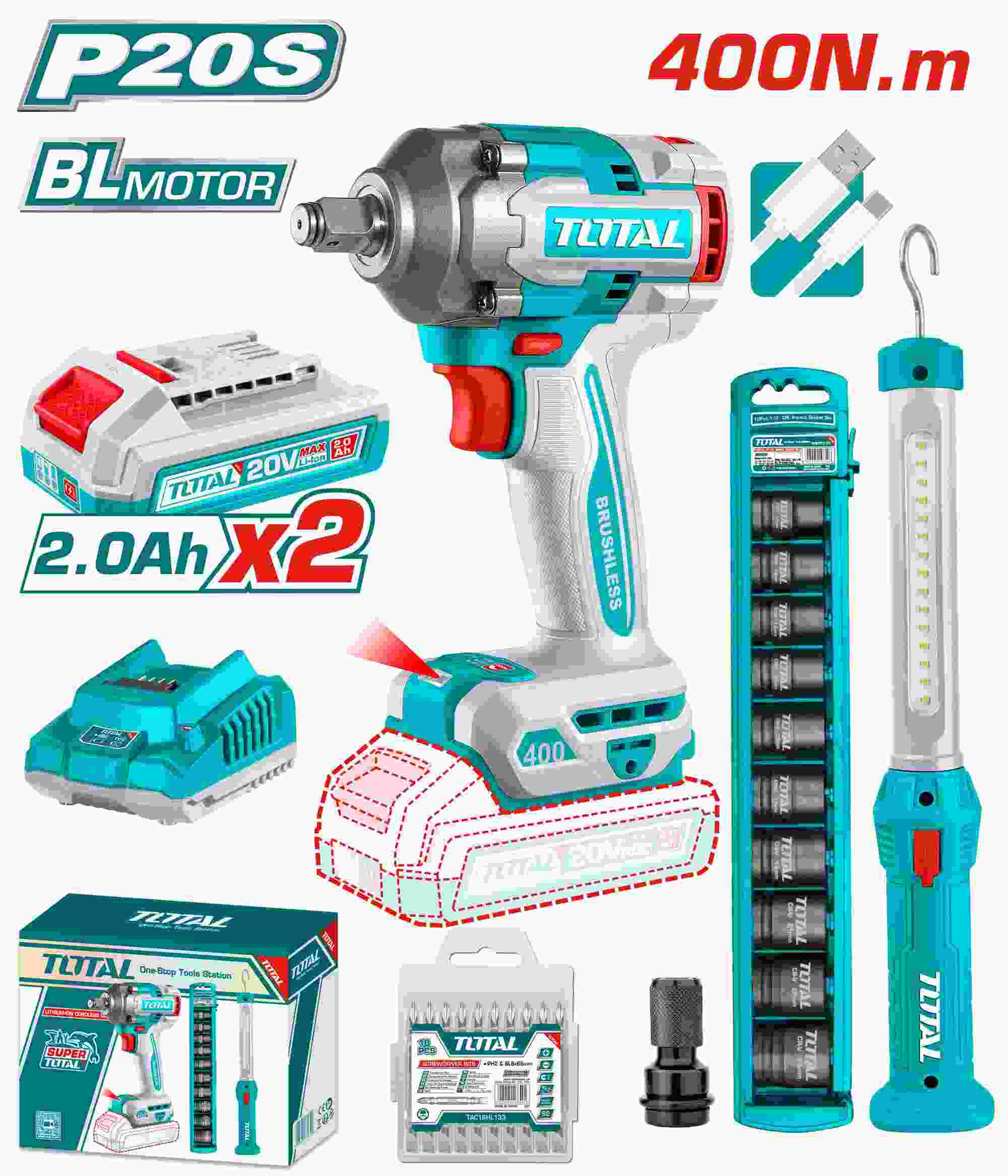 TOSLI23048 (5) Premium 20V Total Cordless 2-Pc Combo Kit – Impact Wrench & Work Lamp (TOSLI23048) - Image 1