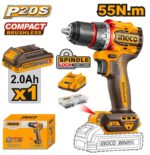 INGCO CDLI205582 20V Brushless Cordless Drill – 55Nm Professional Drill Driver with Battery & Charger
