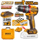 INGCO CIDLI20558 20V Brushless Cordless Impact Drill – 55Nm Professional Hammer Drill Kit