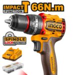 INGCO CIDLI20668 20V Brushless Cordless Impact Drill – 66Nm Compact Drill Machine with 2 Batteries & Charger