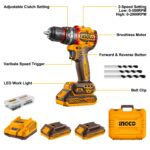 INGCO CIDLI20668 20V Brushless Cordless Impact Drill – 66Nm Compact Drill Machine with 2 Batteries & Charger - Image 3