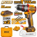 INGCO CIDLI20768 20V Brushless Cordless Impact Drill – 76Nm Heavy Duty Drill Driver Kit