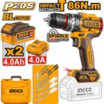 INGCO CIDLI208682 20V Brushless Cordless Impact Drill – 86Nm Heavy Duty Drill Driver Kit with 2 Batteries