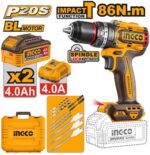INGCO CIDLI208682 20V Brushless Cordless Impact Drill – 86Nm Heavy Duty Drill Driver Kit with 2 Batteries