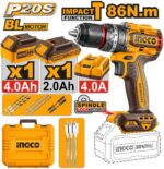 INGCO CIDLI20868 20V Brushless Cordless Impact Drill – 86Nm Heavy Duty Drill Driver Kit with Batteries & Charger