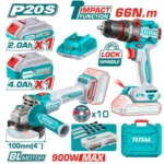 TOTAL TCKLI2027310 Cordless 2 Pcs Combo Kit – 20V Brushless Drill & Angle Grinder Set