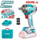 TOTAL TIWLI2040 20V Cordless Impact Wrench – 400Nm Brushless Lithium-Ion Impact Gun with 2 Batteries & Charger
