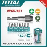 TOTAL 9-Piece Screwdriver Bit Set TASCD3091 – S2 Steel Bits with Magnetic Holder